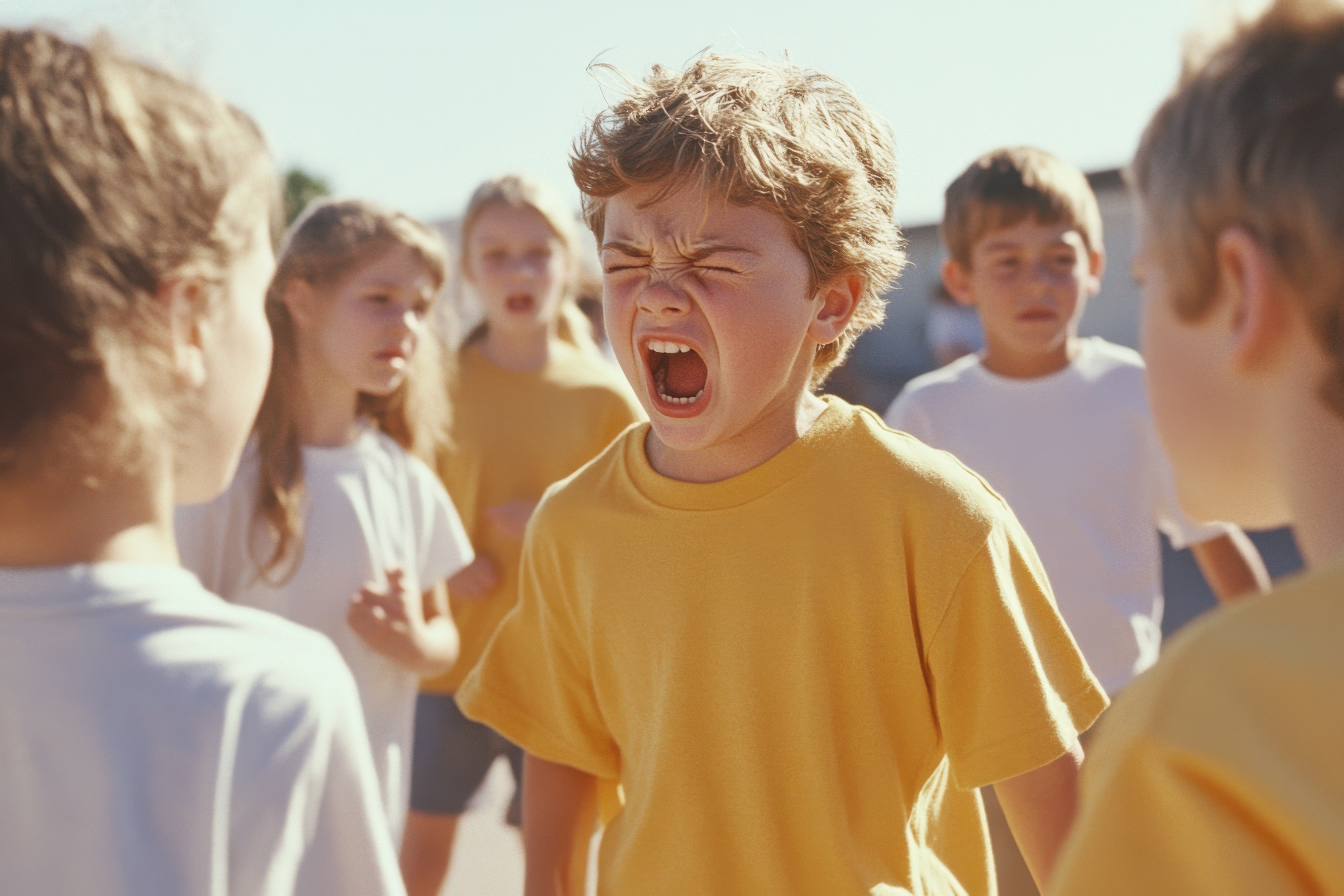 A group of children are engaged in play, with one child in a yellow shirt visibly upset as another shoves them. This illustrates the tensions that can arise in group activities.