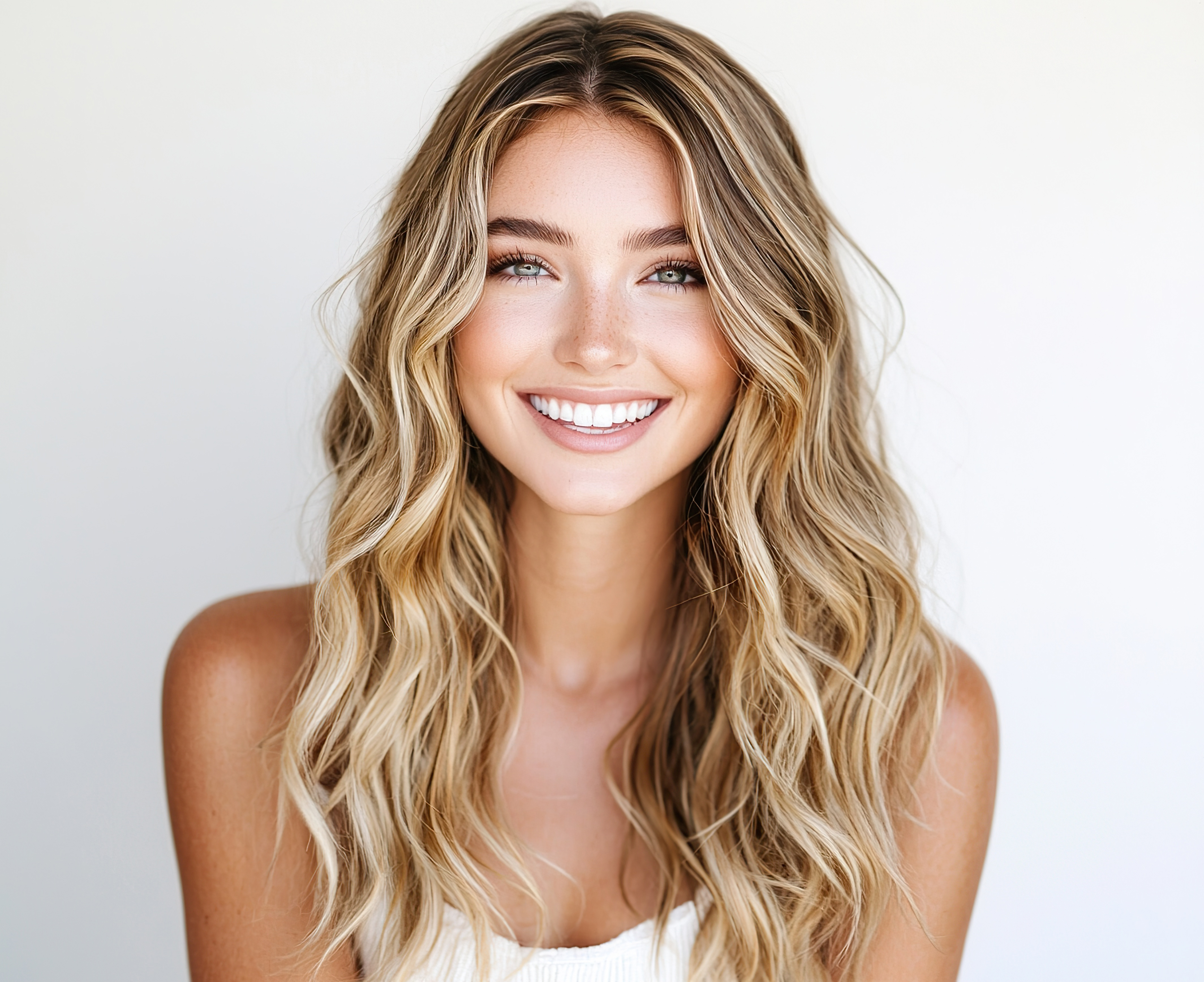 Studio portrait of the beautiful smiling woman with long, wavy blonde hair on white background